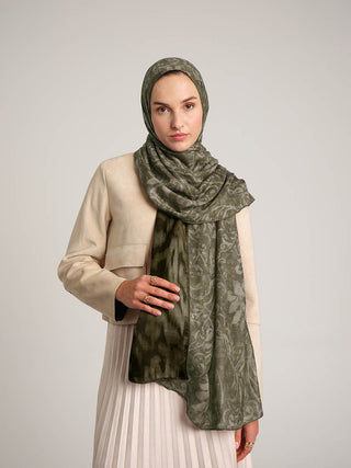 Yalaz Zebra Damask Desenli Çift Taraflı Şal - Haki Yeşil | Ayshara - Görsel 2