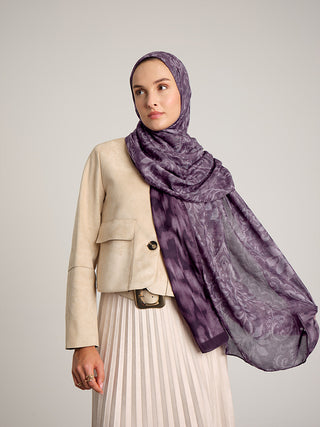 Yalaz Zebra Damask Desenli Çift Taraflı Şal - Mürdüm | Ayshara