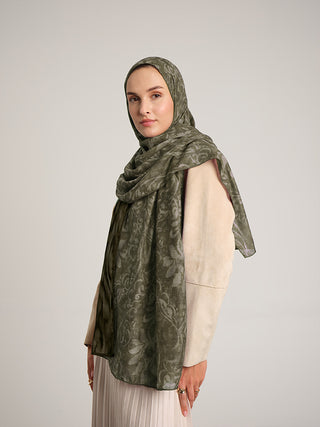 Yalaz Zebra Damask Desenli Çift Taraflı Şal - Haki Yeşil | Ayshara - Görsel 3
