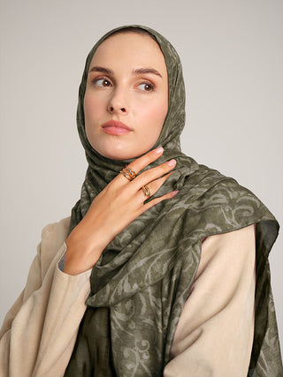 Yalaz Zebra Damask Desenli Çift Taraflı Şal - Haki Yeşil | Ayshara