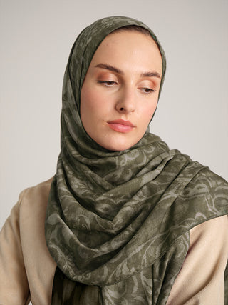 Yalaz Zebra Damask Desenli Çift Taraflı Şal - Haki Yeşil | Ayshara - Görsel 4