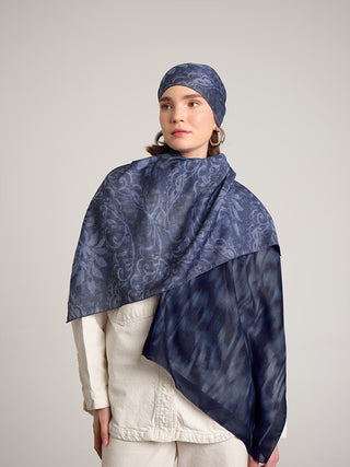 Yalaz Zebra Damask Desenli Çift Taraflı Şal - Koyu Kot Mavi | Ayshara