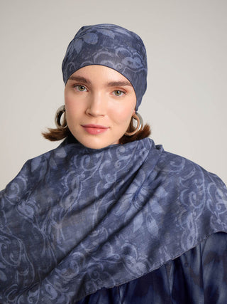 Yalaz Zebra Damask Desenli Çift Taraflı Şal - Koyu Kot Mavi | Ayshara - Görsel 5