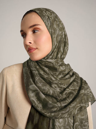 Yalaz Zebra Damask Desenli Çift Taraflı Şal - Haki Yeşil | Ayshara - Görsel 5