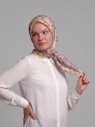 Fırça Hâlesi Puanlı Soyut Desenli Çift Taraflı Eşarp - Mor Sarı | Ayshara - Görsel 5