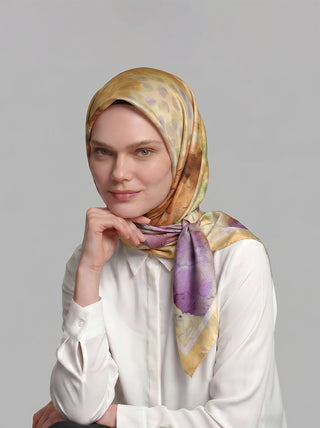 Fırça Hâlesi Puanlı Soyut Desenli Çift Taraflı Eşarp - Mor Sarı | Ayshara