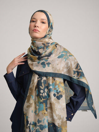 Tomurcuk Yaprak Desenli Tek Taraflı Şal - Petrol Yeşil | Ayshara