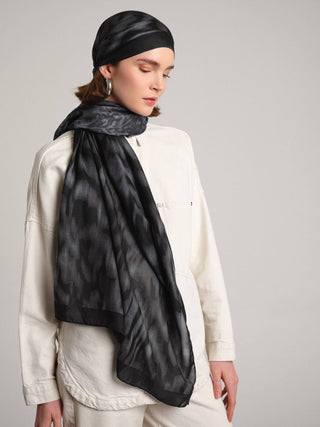 Yalaz Zebra Damask Desenli Çift Taraflı Şal - Antrasit Siyah | Ayshara
