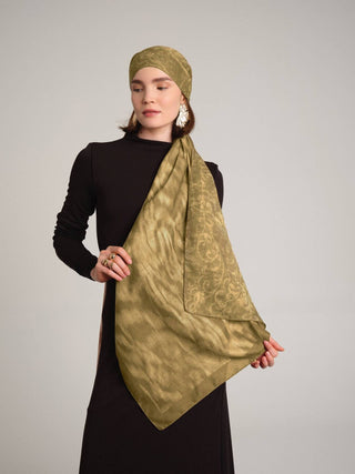 Yalaz Zebra Damask Desenli Çift Taraflı Şal - Zeytinyağ Yeşil | Ayshara