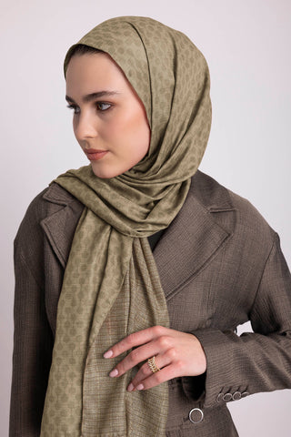 Katre-i Zerâfet Monogram Düz Desenli Çift Taraflı Şal - Olive Kahve | Ayshara - Görsel 5